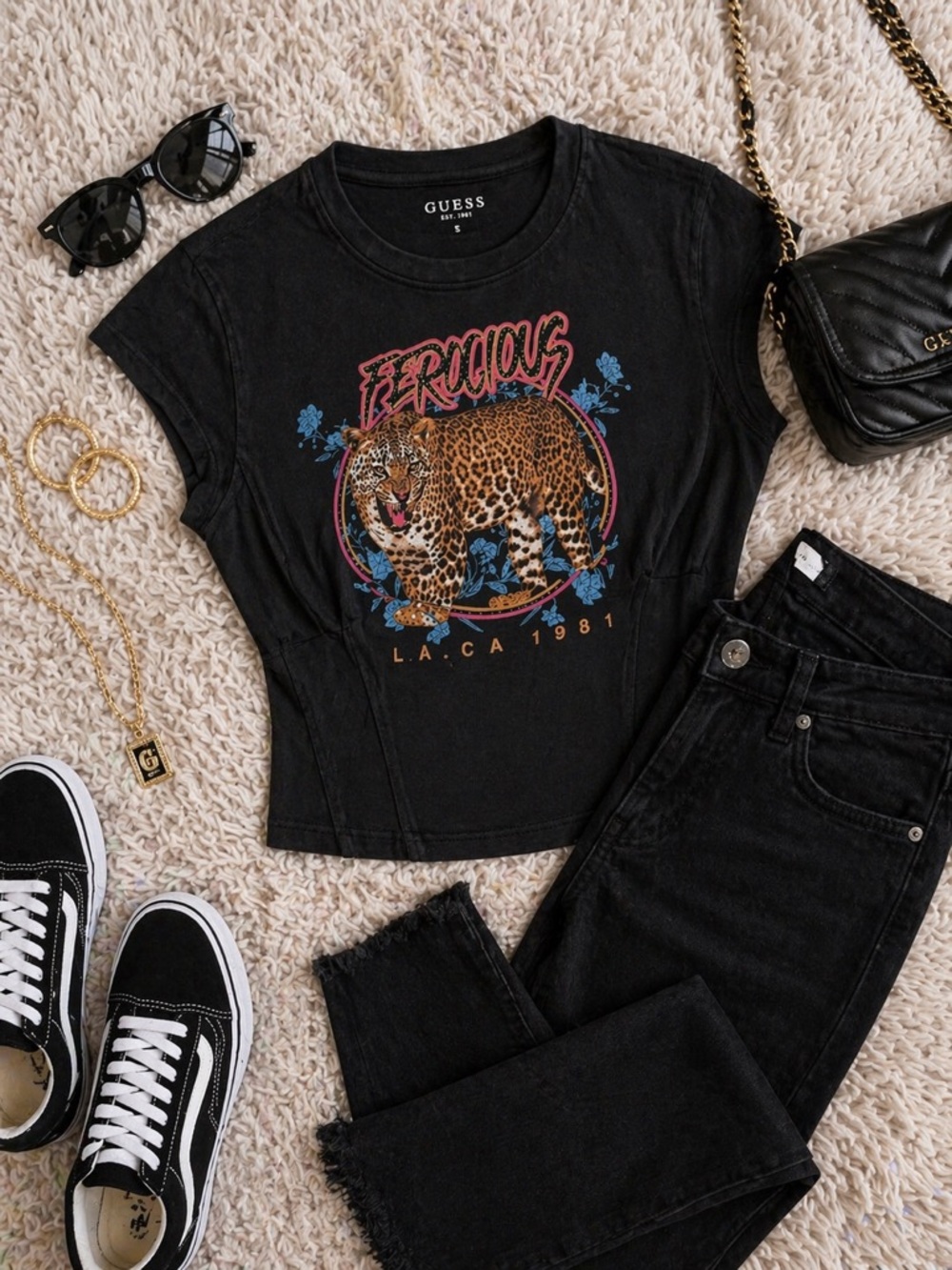 GUESS Ferocious Corset Graphic Tee Jet Black Multi Small NWT Leopard Crop Top